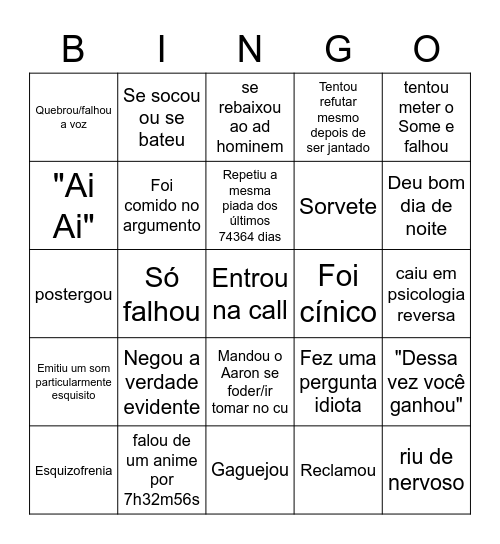 Taxa de merda que o Cesinha fez hoje Bingo Card