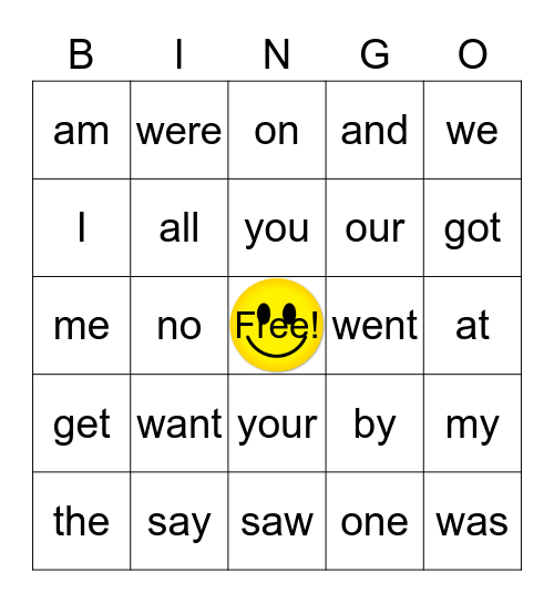 Sight Word Bingo Card