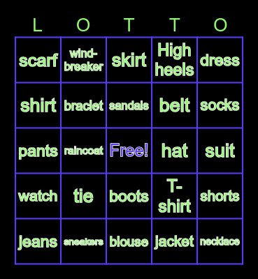 clothing vocab Bingo Card