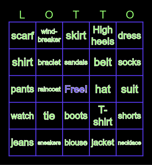 clothing vocab Bingo Card