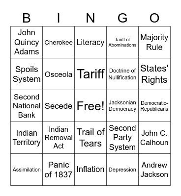 Andrew Jackson Bingo Card