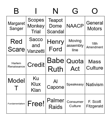 APUSH 1920s Bingo Card