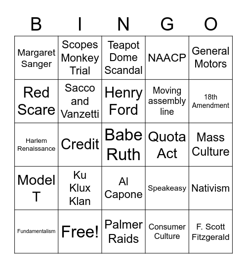 APUSH 1920s Bingo Card