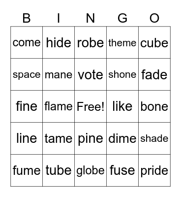 Silent E Bingo Card