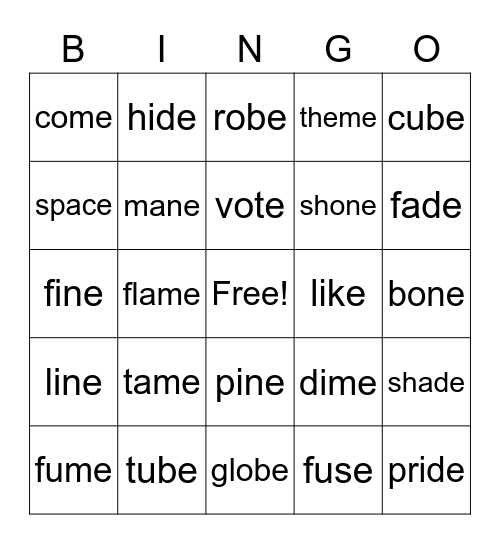 Silent E Bingo Card