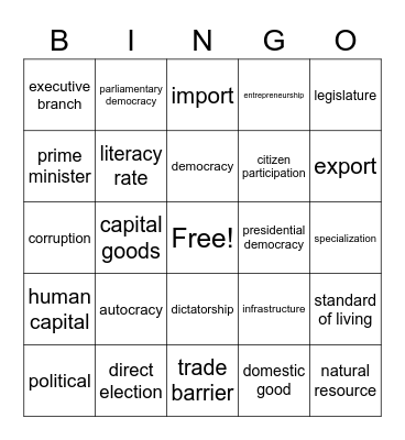 African Gov't/Economics Vocabulary Bingo Card