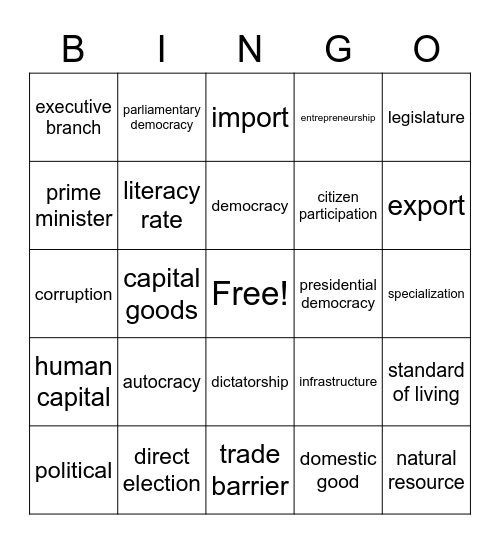 African Gov't/Economics Vocabulary Bingo Card