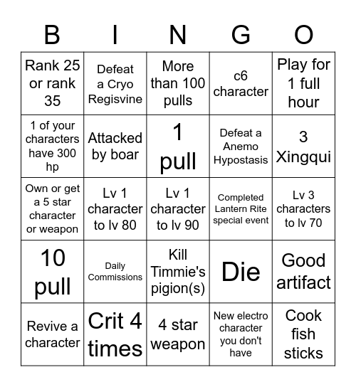 Genshin Impact BINGO! Bingo Card