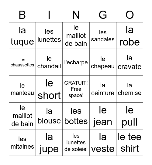 Les vetements Bingo Card