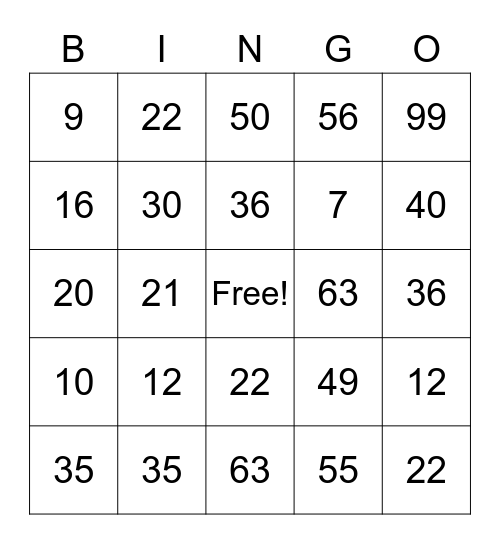 Multiplication Bingo Card