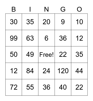 Multiplication Bingo Card