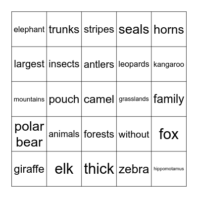 Animals, Animals Bingo Card
