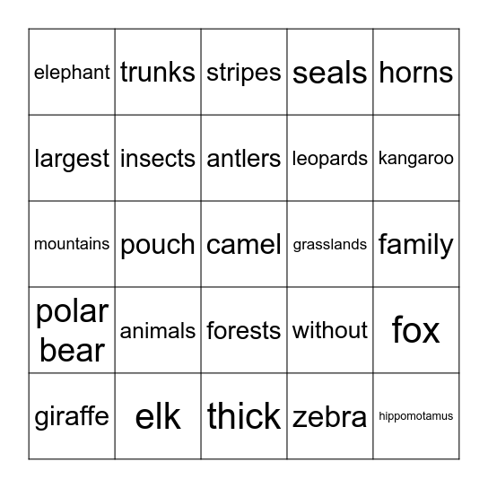 Animals, Animals Bingo Card