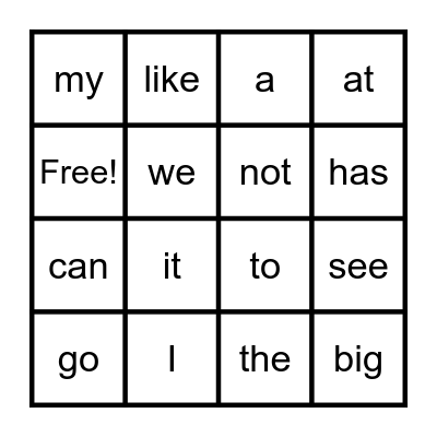 Sight Words Bingo Card