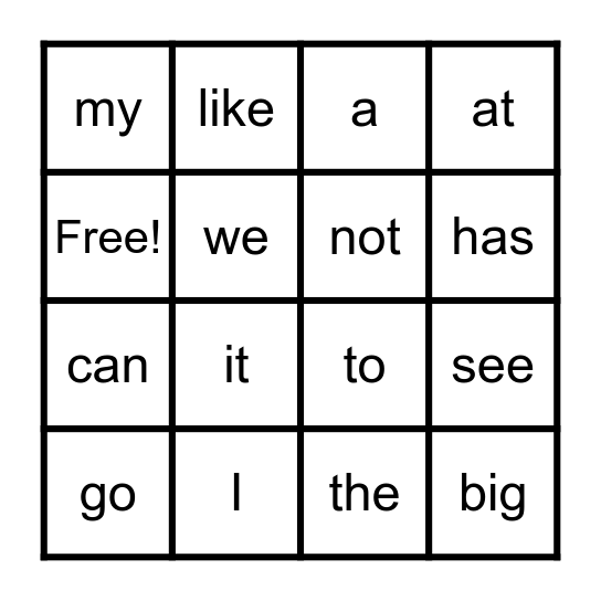 Sight Words Bingo Card