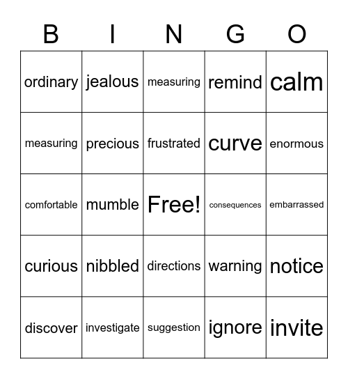 Vocabulary Bingo Card