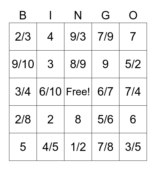 Reciprocal Fraction Bingo Card