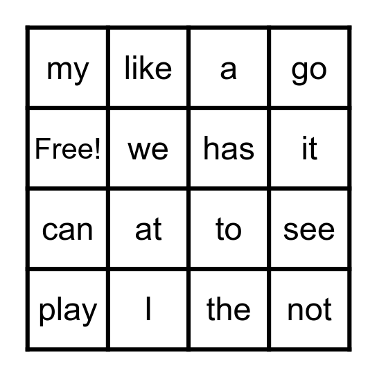 Sight Words Bingo Card