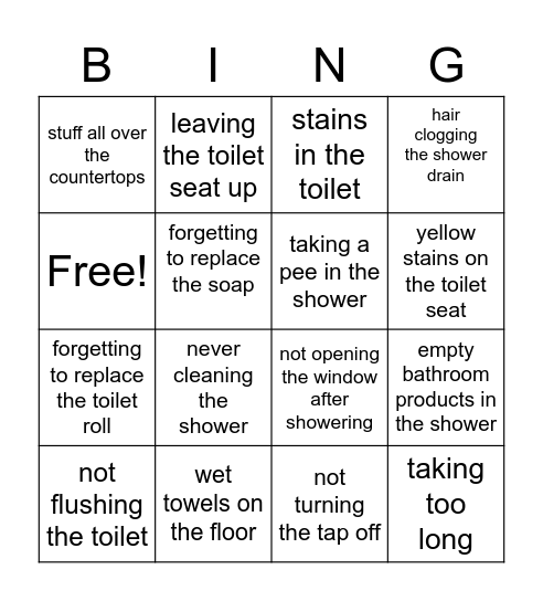 Bathroom Pet Peeves Bingo Card