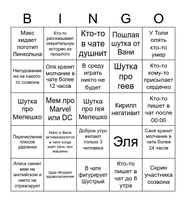 Бинго нашего чата на неделю Bingo Card