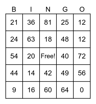 Multiplication Fact BINGO Card