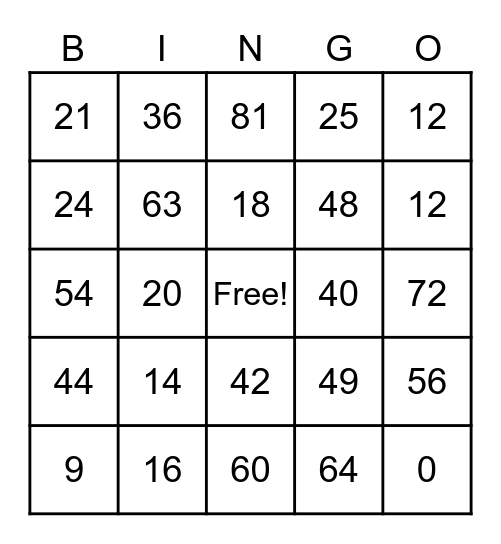 Multiplication Fact BINGO Card