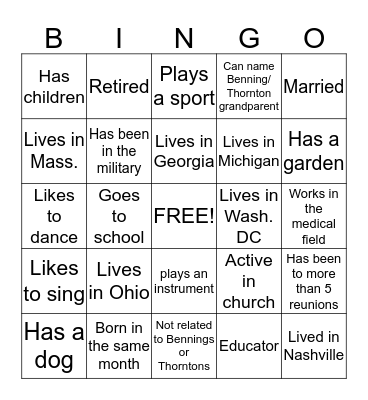 Benning Thornton Family  Reunion Bingo Card
