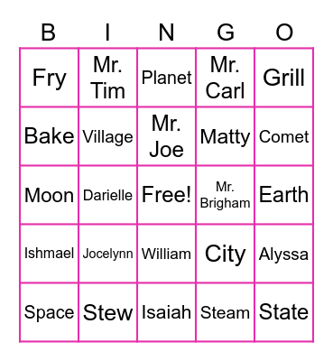 Spelling Word Bingo Card