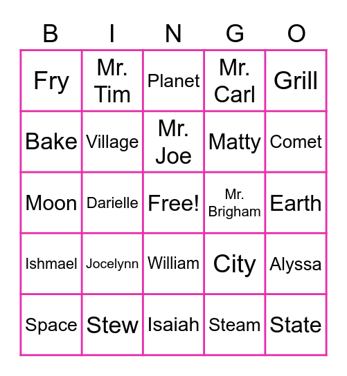 Spelling Word Bingo Card