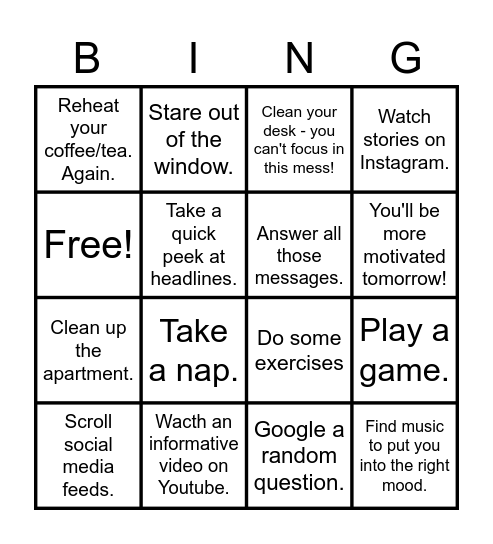 Procrastinators! Unite! Bingo Card