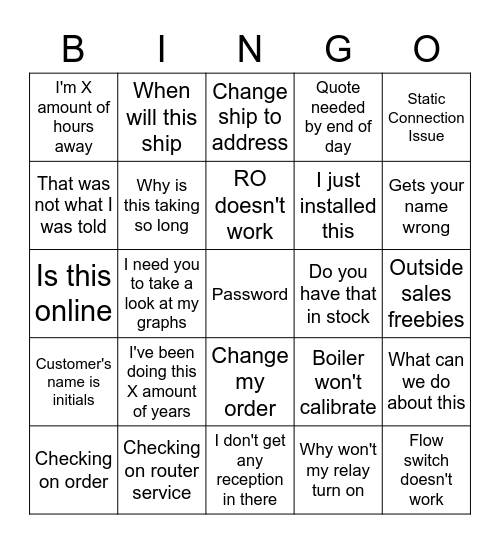 Customer Service Bingo Card