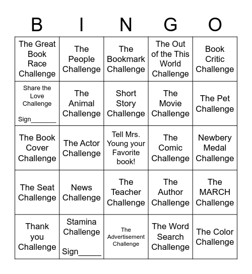 Reading Challenge Bingo Card