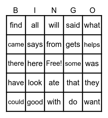 Sight Words Bingo Card