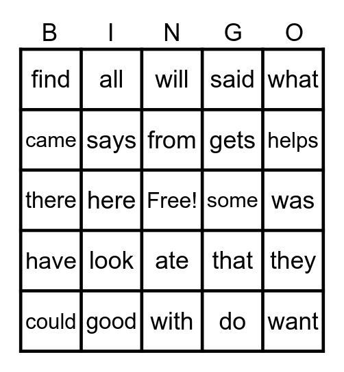 Sight Words Bingo Card