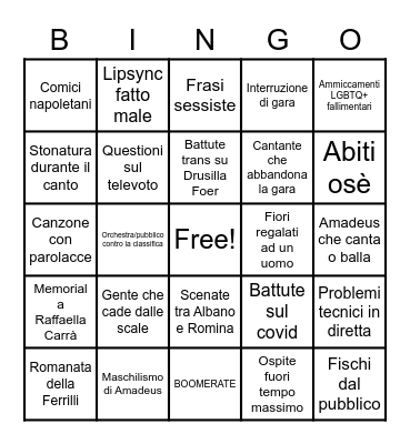 Sanremo 2022 Bingo Card