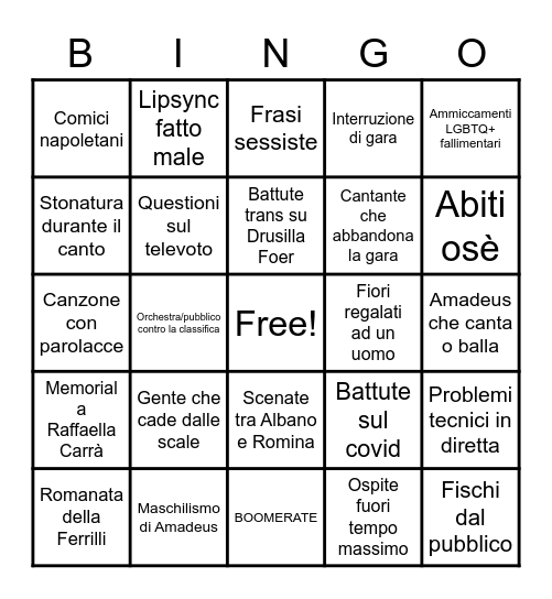 Sanremo 2022 Bingo Card