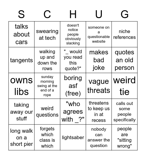 Schug Bingo Card