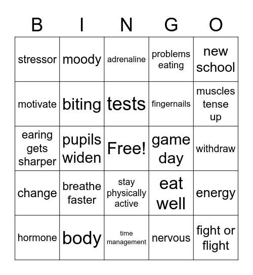 Stress Management Vocab Bingo Card