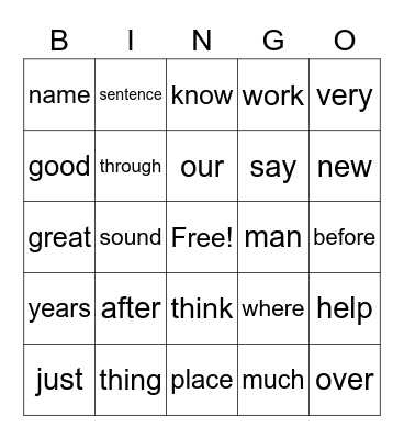 Sight Word Bingo Card