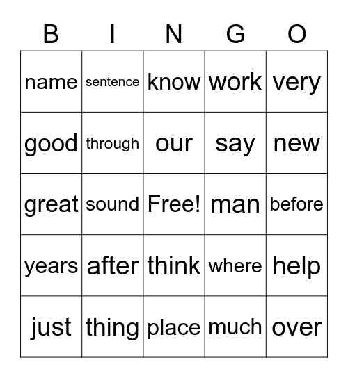 Sight Word Bingo Card