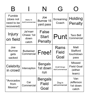 Joe's Pub Super Bowl Bingo Card