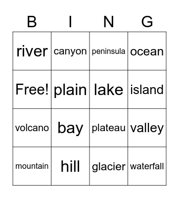 Landforms and Bodies of Water Bingo Card