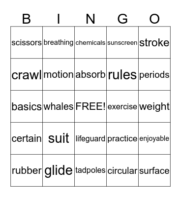 Swimming Bingo Card