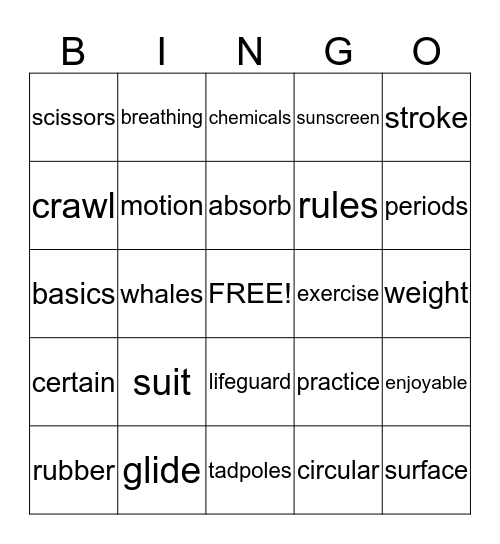 Swimming Bingo Card