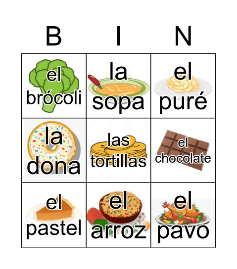 La comida Bingo Card