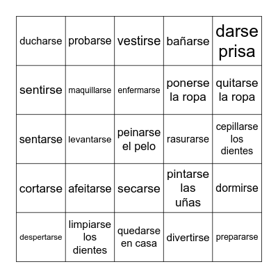 Reflexive Verbs Bingo Card