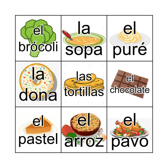 La comida Bingo Card