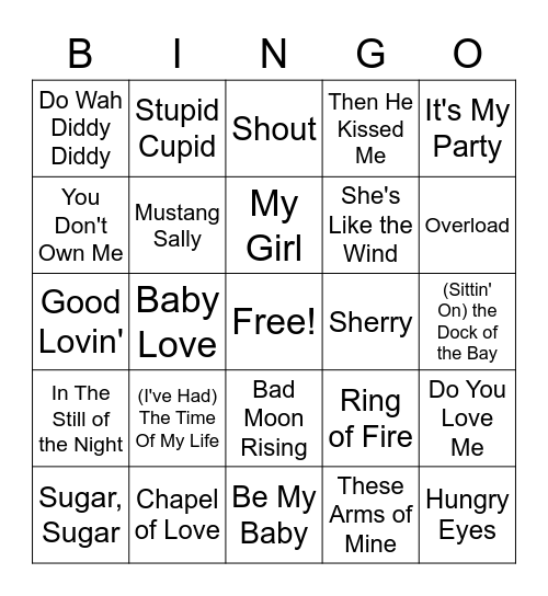 Dirty Dancing Vibes Music Bingo Card