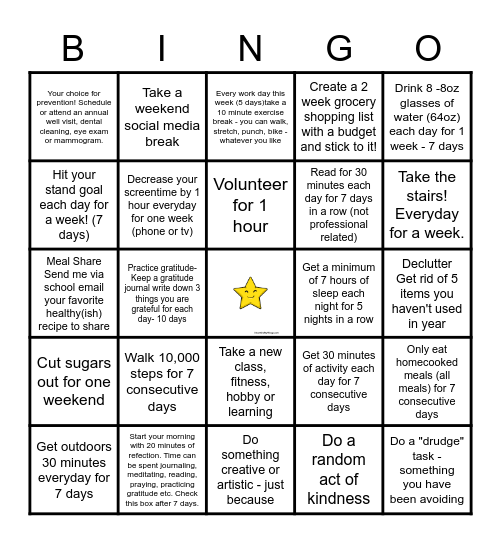 Worksite Wellness Bingo Card