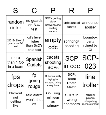 SCP:RP annoying stuff bingo Card